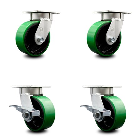 Service Caster 5 Inch Kingpinless Green Poly on Steel Wheel Swivel Caster Set with 2 Brakes SCC SCC-KP30S520-PUR-GB-2-SLB-2